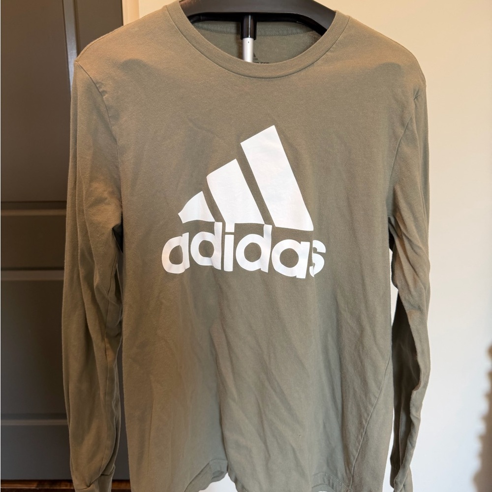 Adidas Men’s Long Sleeve Tee - Olive with White Logo Size Large